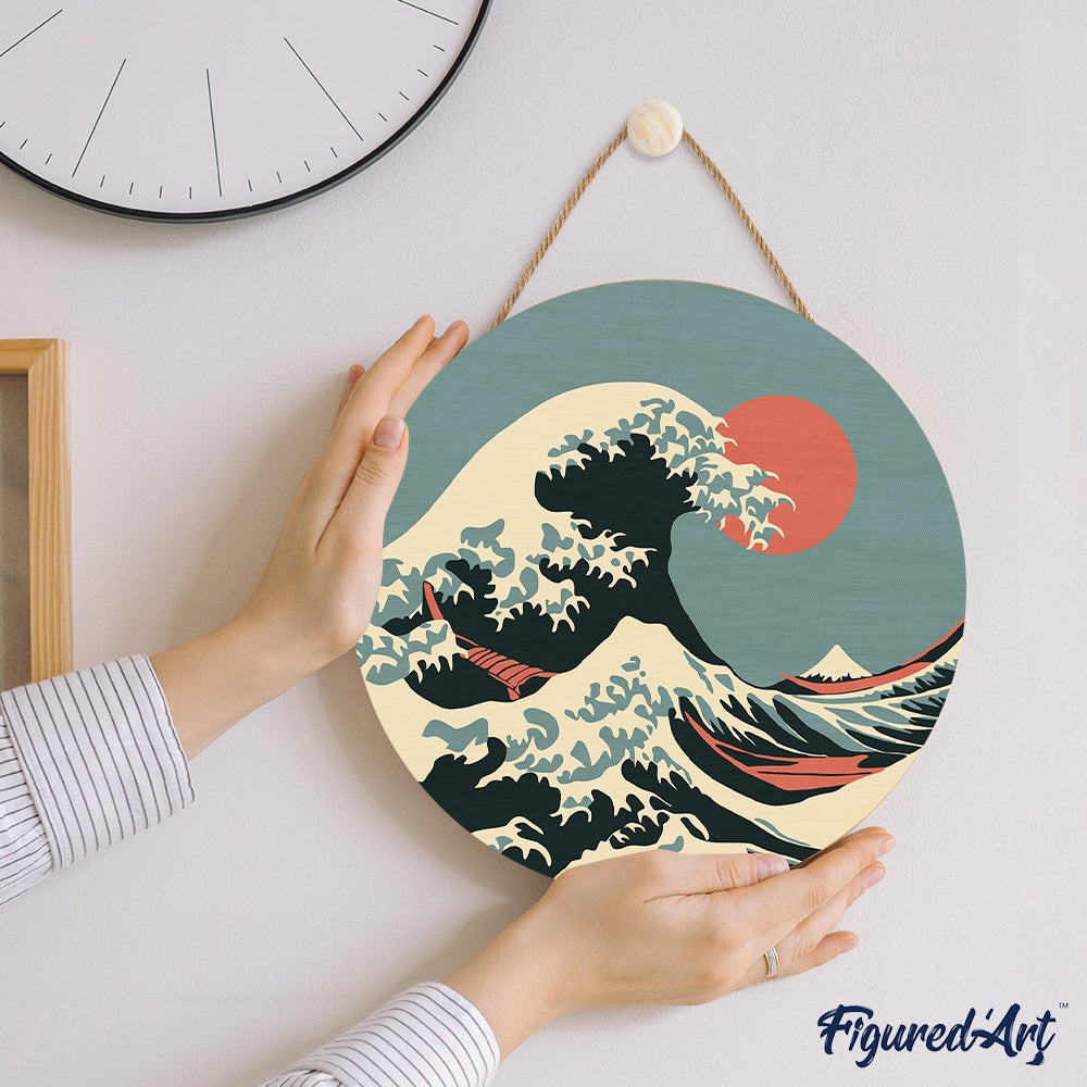 Paint by numbers on Wood Slice - The Great Wave
