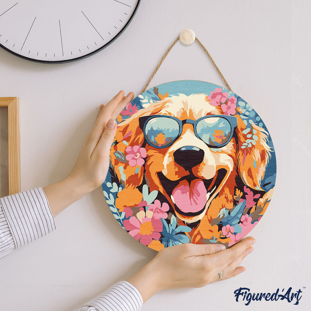Paint by numbers on Wood Slice - Fantasy Dog and Flowers