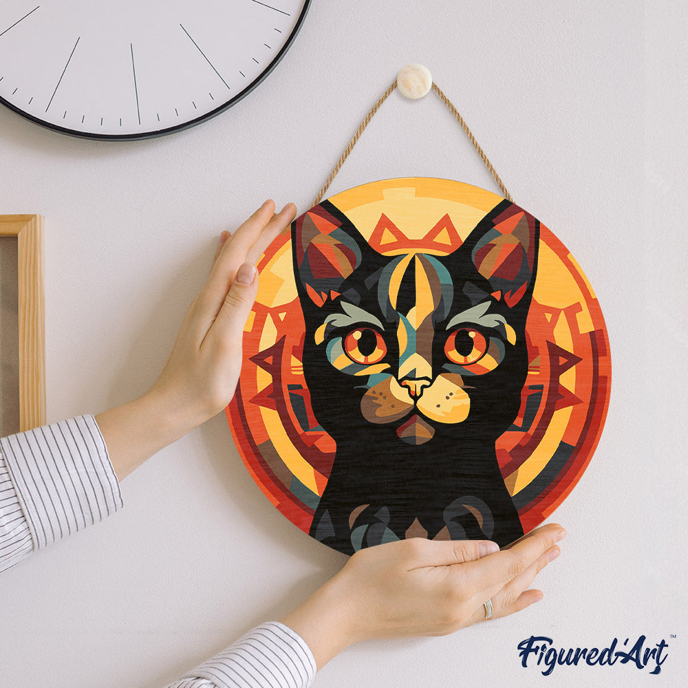 Paint by numbers on Wood Slice - Art Deco Black Cat