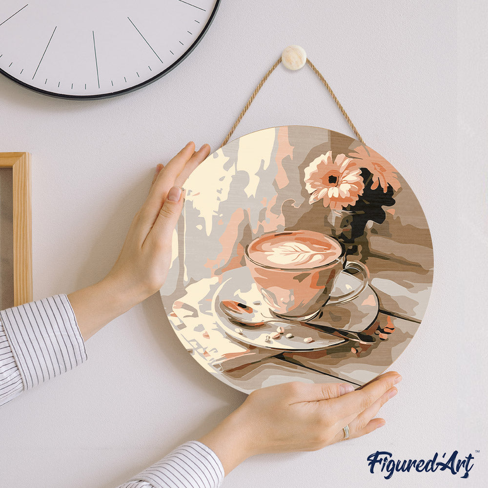 Paint by numbers on Wood Slice - Morning Coffee