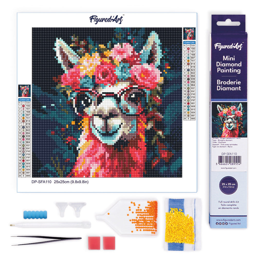 Mini Diamond Painting 25x25cm - Fantasy llama and flowers Rolled canvas