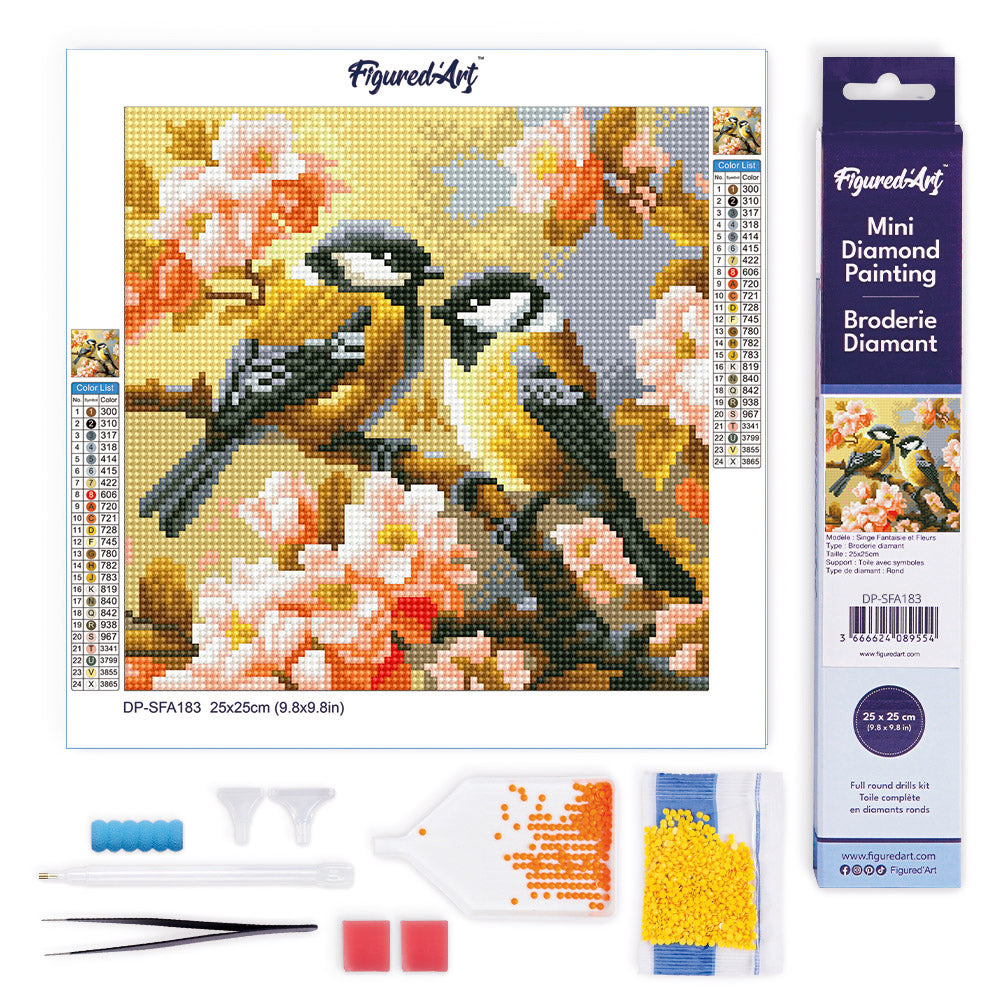 Mini Diamond Painting 25x25cm - Pair of Birds amidst Blossoms Rolled canvas
