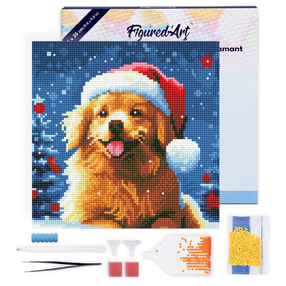 Mini Diamond Painting 25x25cm - Playful Dog in Snowy Christmas - Framed canvas