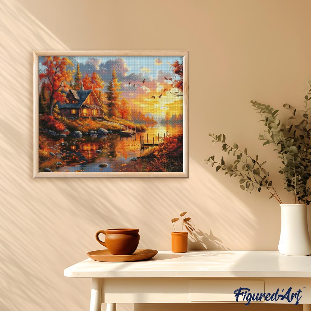 Diamond Painting - Autumn Sunset by the Cabin 40x50cm Framed canvas