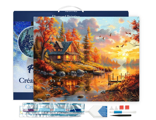 Diamond Painting - Autumn Sunset by the Cabin canvas already framed
