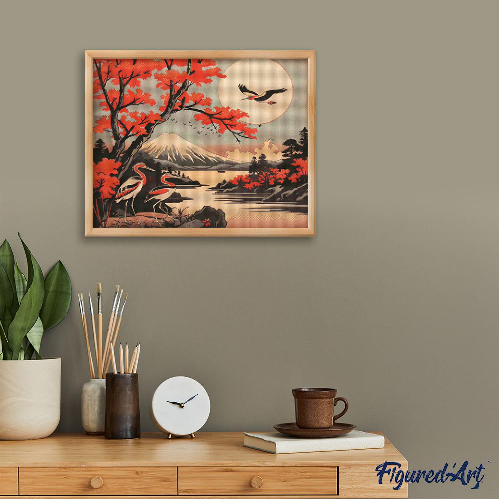 Diamond Painting - Cranes and Mount Fuji View 40x50cm Framed canvas