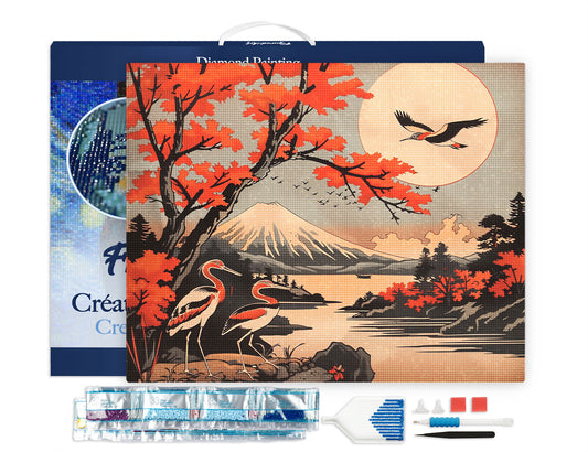 Diamond Painting - Cranes and Mount Fuji View canvas already framed