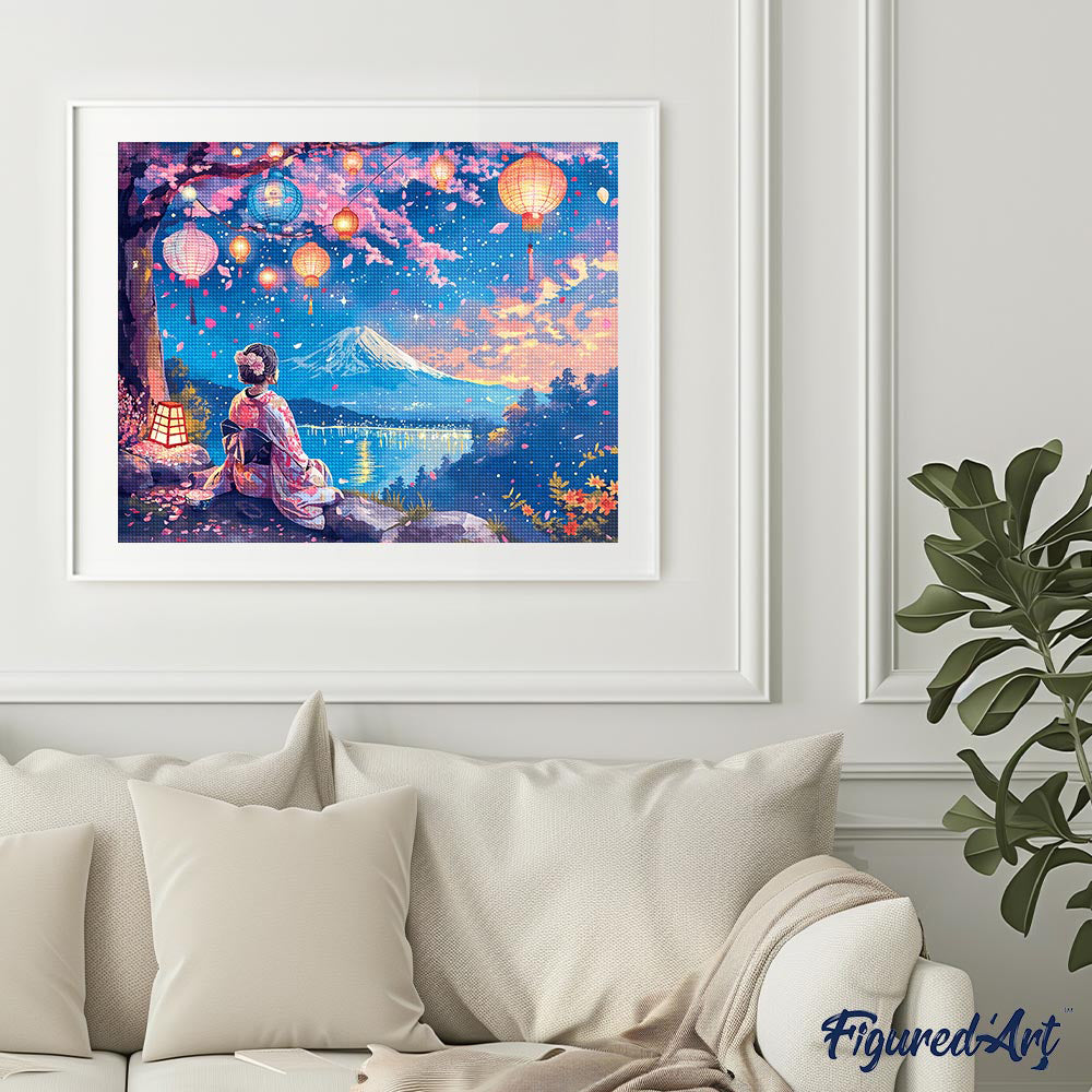 Diamond Painting - Girl, Lanterns and Mount Fuji 40x50cm Framed canvas