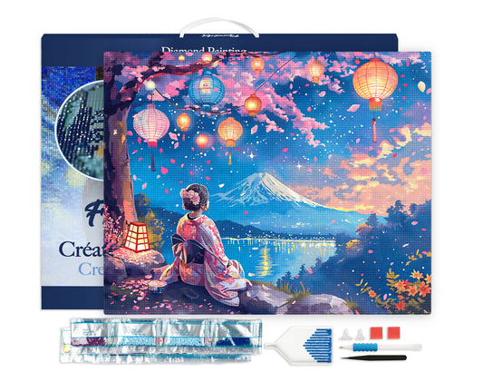 Diamond Painting - Girl, Lanterns and Mount Fuji canvas already framed