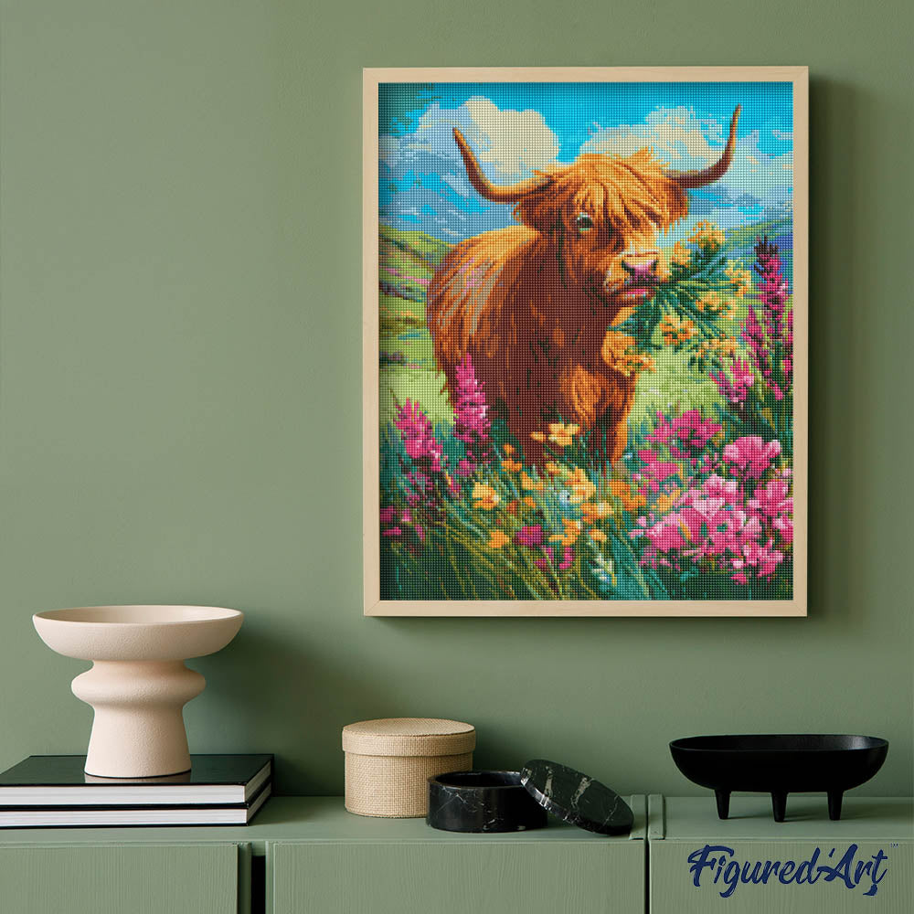 [PRE-ORDER] Diamond Painting - Highland Cow Flower Bliss - 40x50cm Rolled canvas