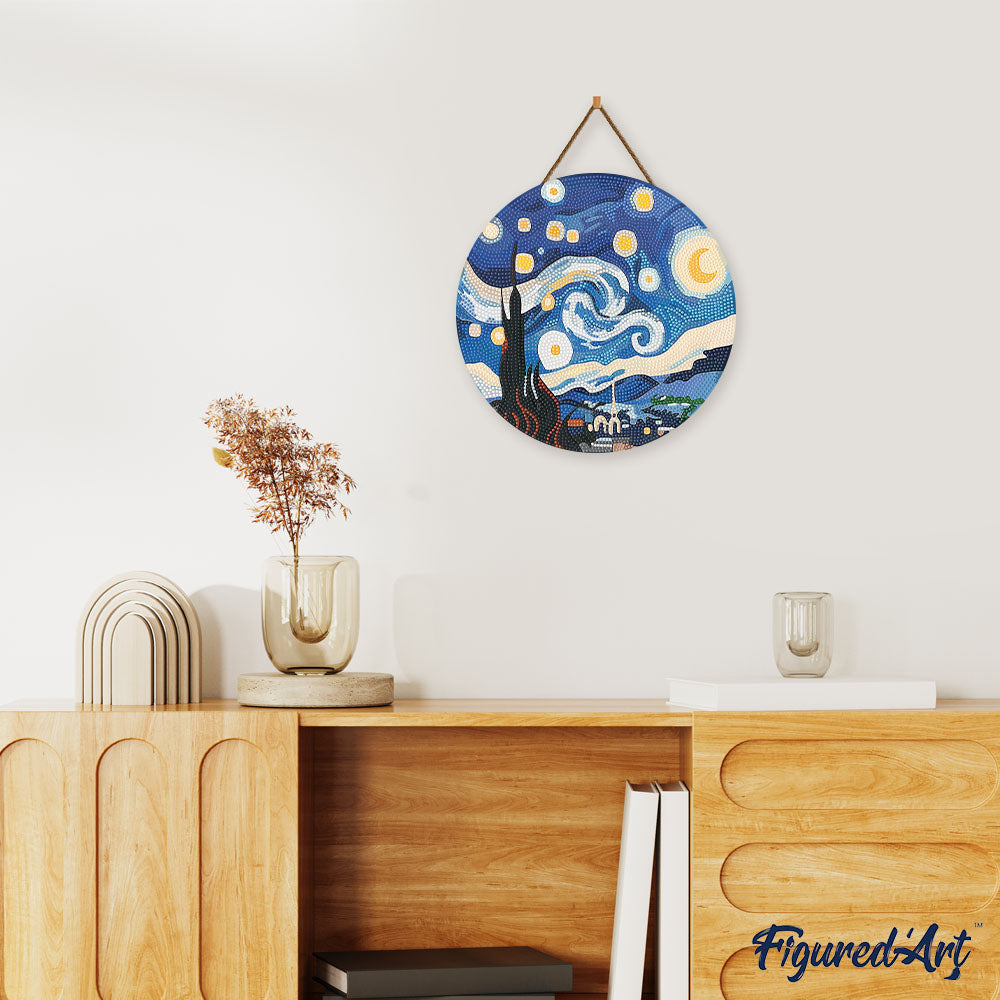 Diamond Painting on Wood Slice - Starry Night