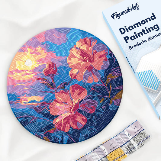Diamond Painting on Wood Slice - Hibiscus at Sunset Figured'Art UK