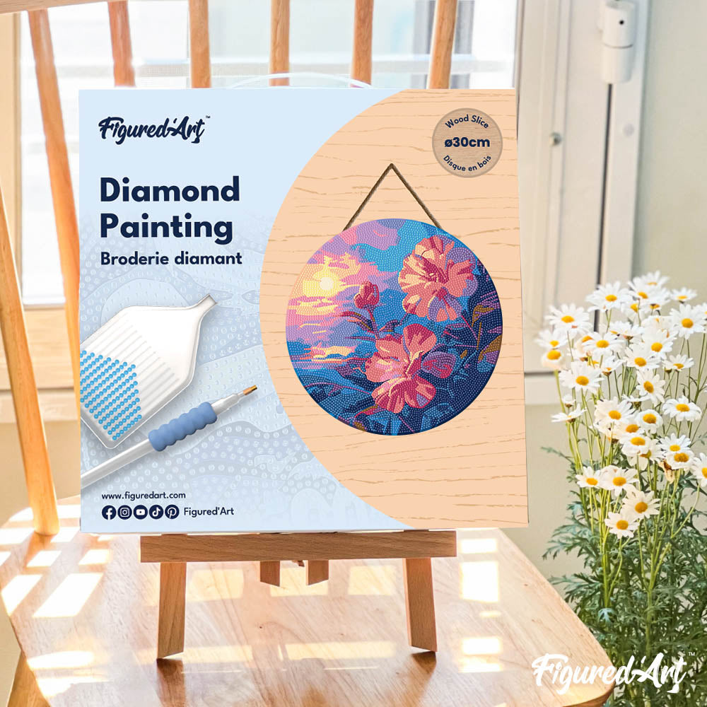 Diamond Painting on Wood Slice - Hibiscus at Sunset
