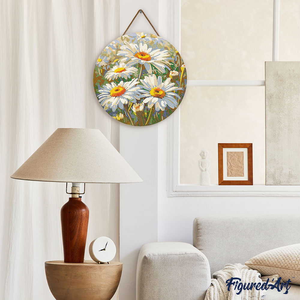 Diamond Painting on Wood Slice - Daisies