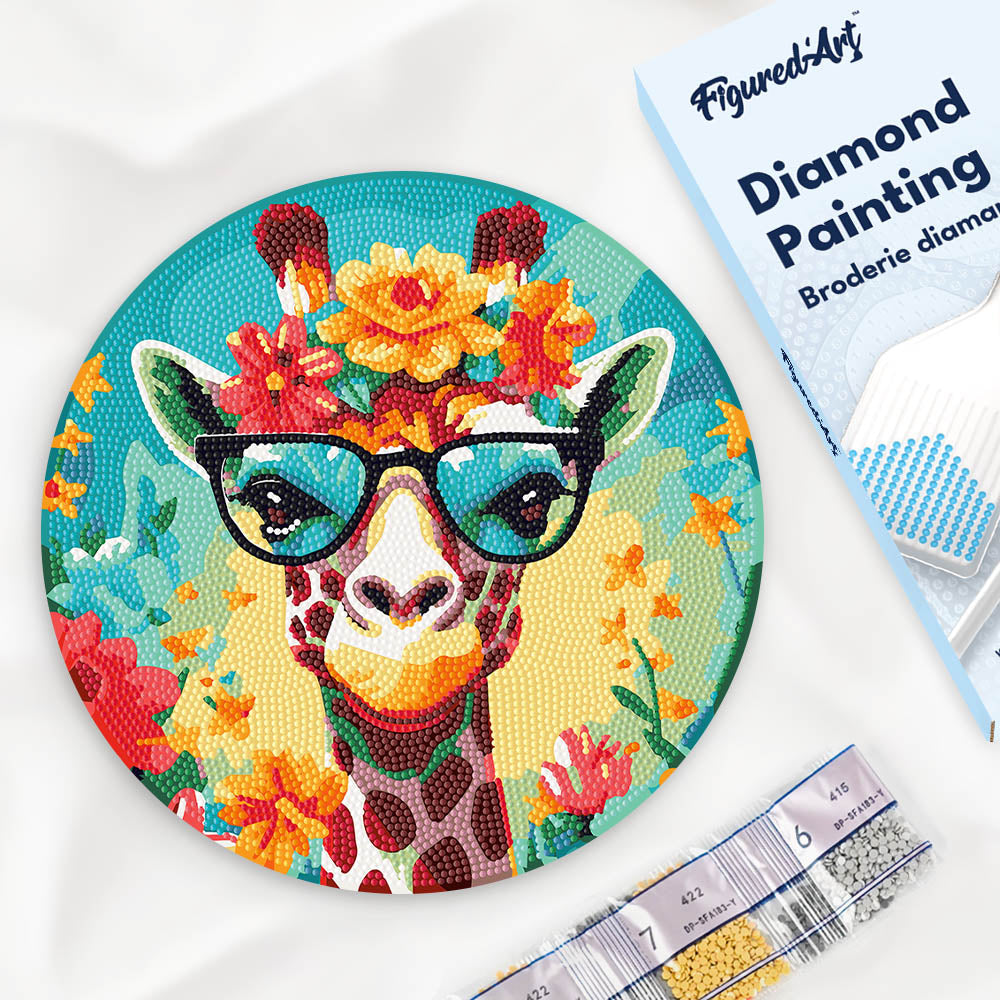 Diamond Painting on Wood Slice - Fantasy Giraffe and Flowers Figured'Art UK