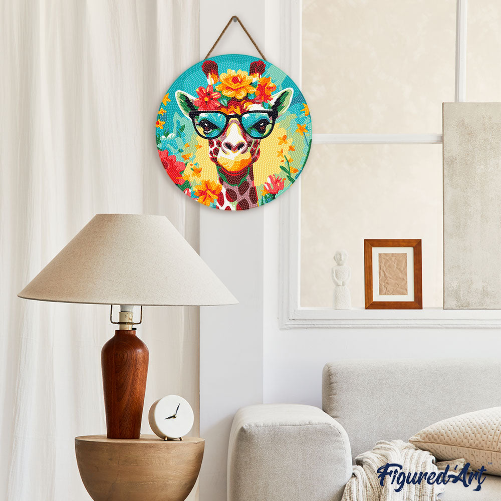 Diamond Painting on Wood Slice - Fantasy Giraffe and Flowers