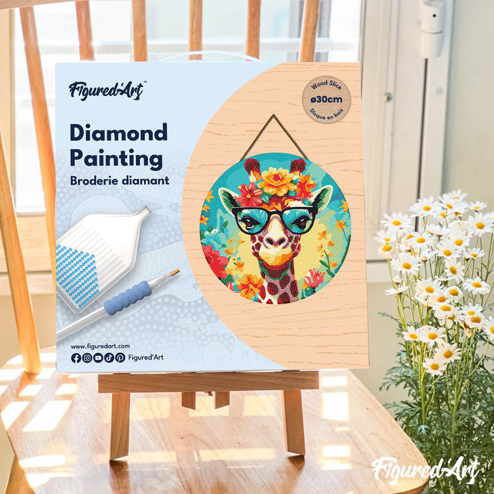 Diamond Painting on Wood Slice - Fantasy Giraffe and Flowers