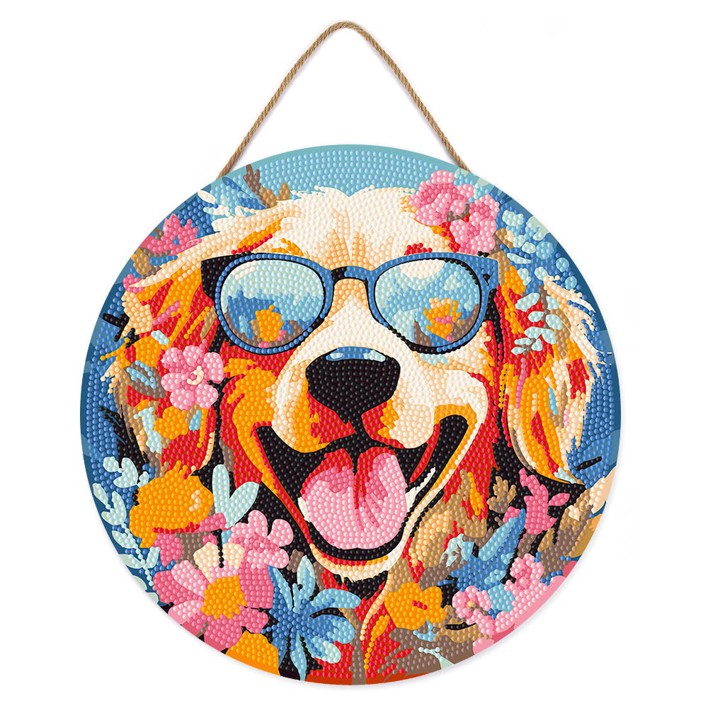 Diamond Painting on Wood Slice - Fantasy Dog and Flowers