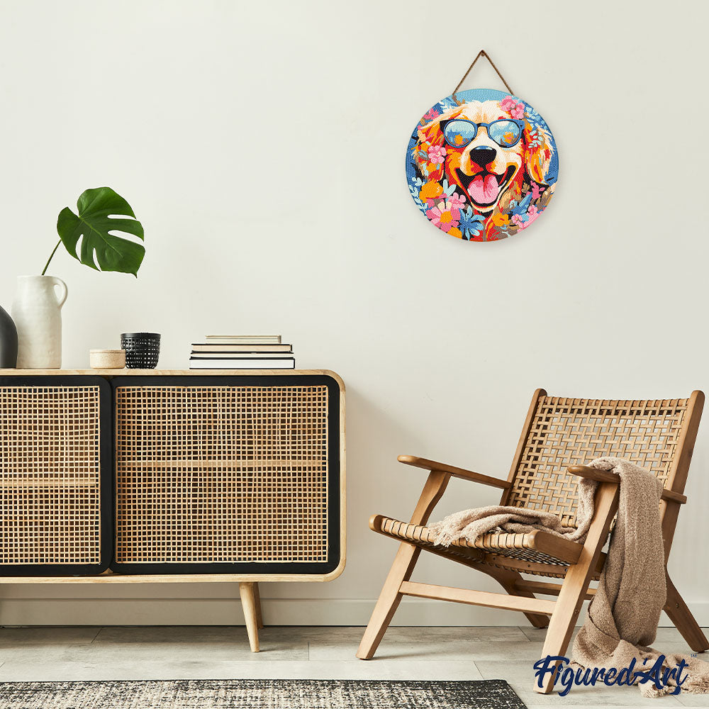 Diamond Painting on Wood Slice - Fantasy Dog and Flowers