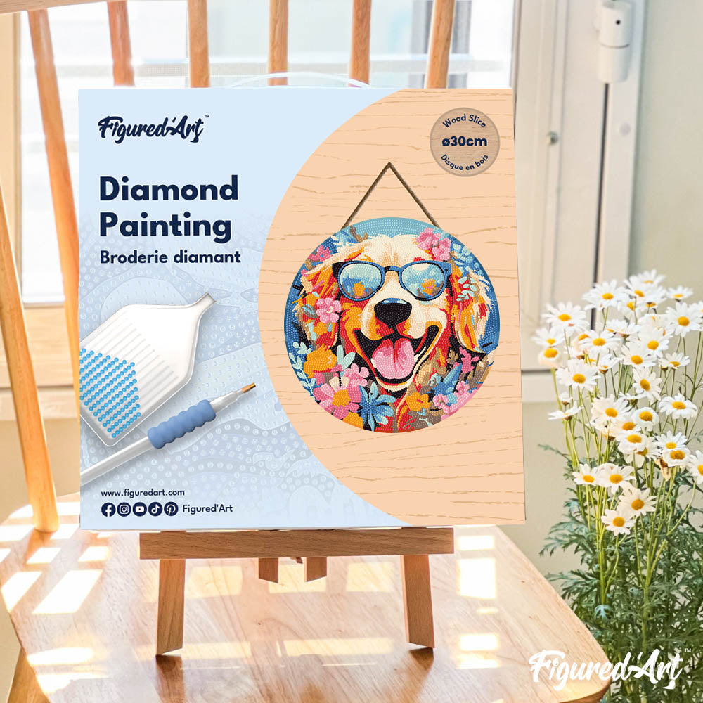 Diamond Painting on Wood Slice - Fantasy Dog and Flowers
