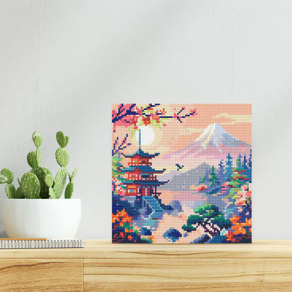 Mini Diamond Painting 25x25cm - Pagoda and Mount Fuji Rolled canvas