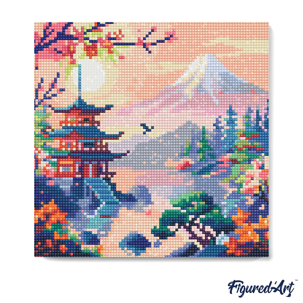 Mini Diamond Painting 25x25cm - Pagoda and Mount Fuji Rolled canvas