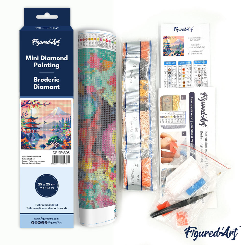 Mini Diamond Painting 25x25cm - Pagoda and Mount Fuji Rolled canvas