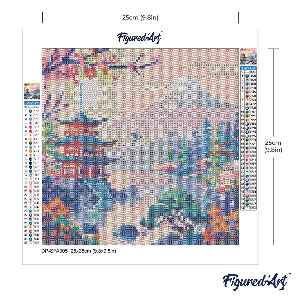 Mini Diamond Painting 25x25cm - Pagoda and Mount Fuji Rolled canvas