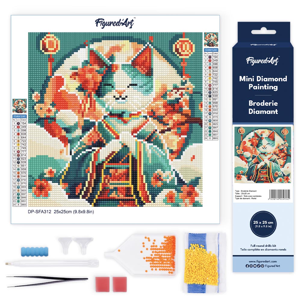 Mini Diamond Painting 25x25cm - Japanese Princess Cat Figured'Art UK