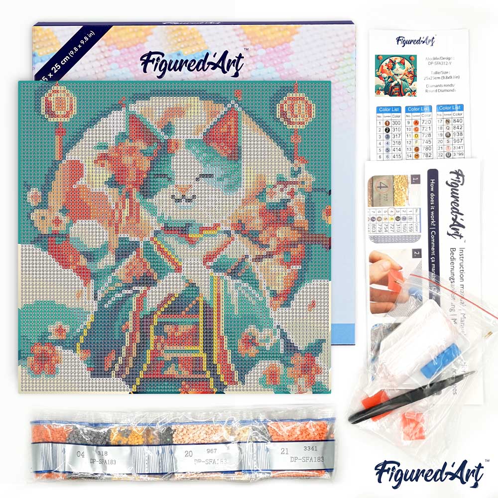 Mini Diamond Painting 25x25cm - Japanese Princess Cat - Framed canvas