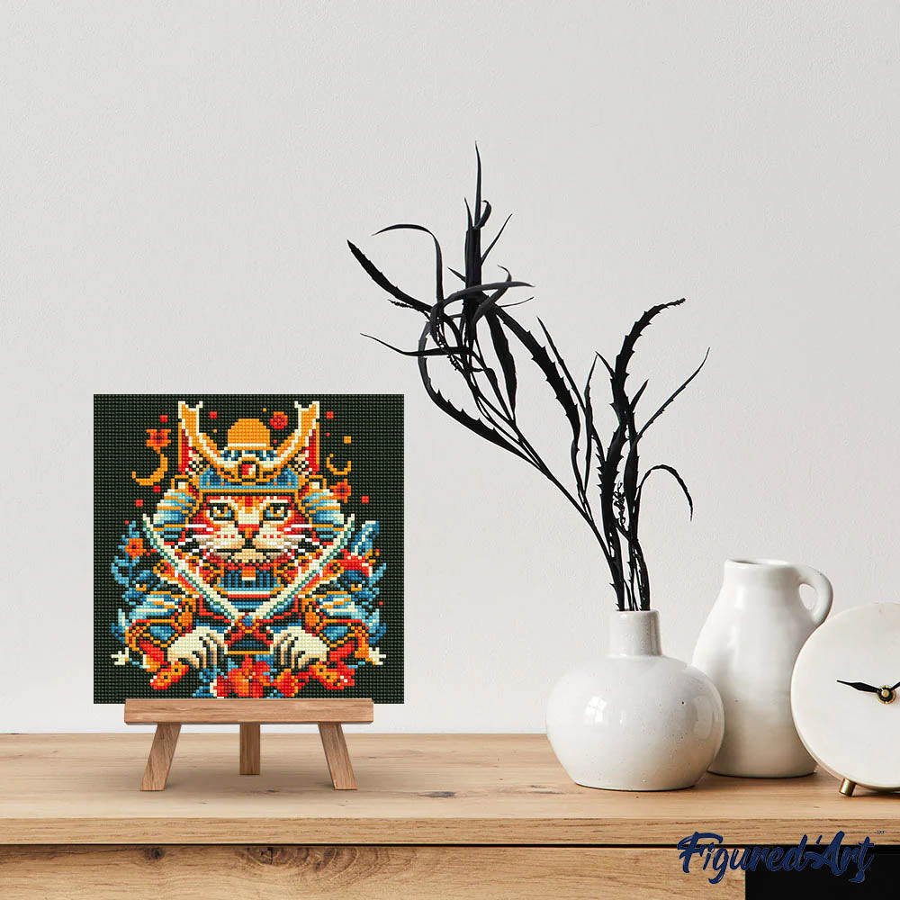Mini Diamond Painting 25x25cm - Samurai Cat - Framed canvas