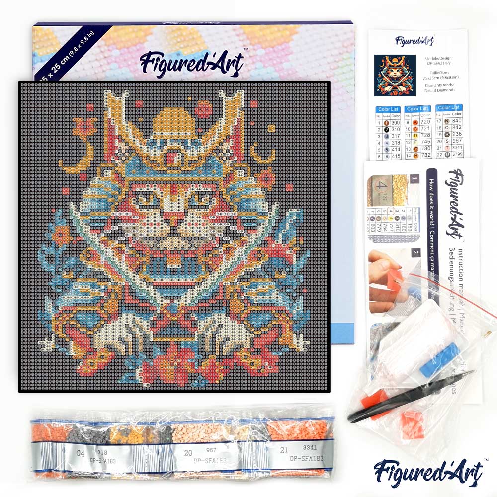 Mini Diamond Painting 25x25cm - Samurai Cat - Framed canvas