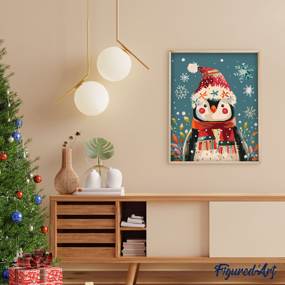 Paint by numbers Little Christmas Penguin - Framed canvas