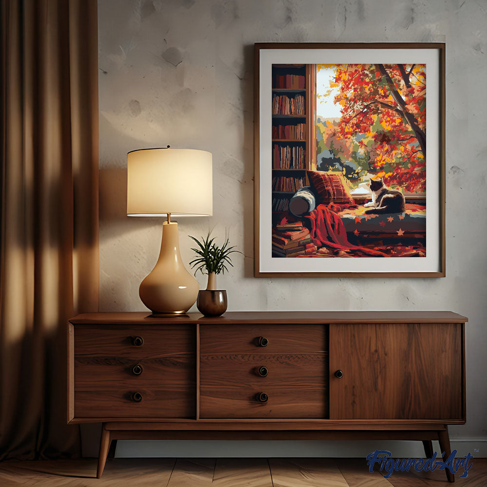 Paint by numbers Cat's Autumn View - Framed canvas
