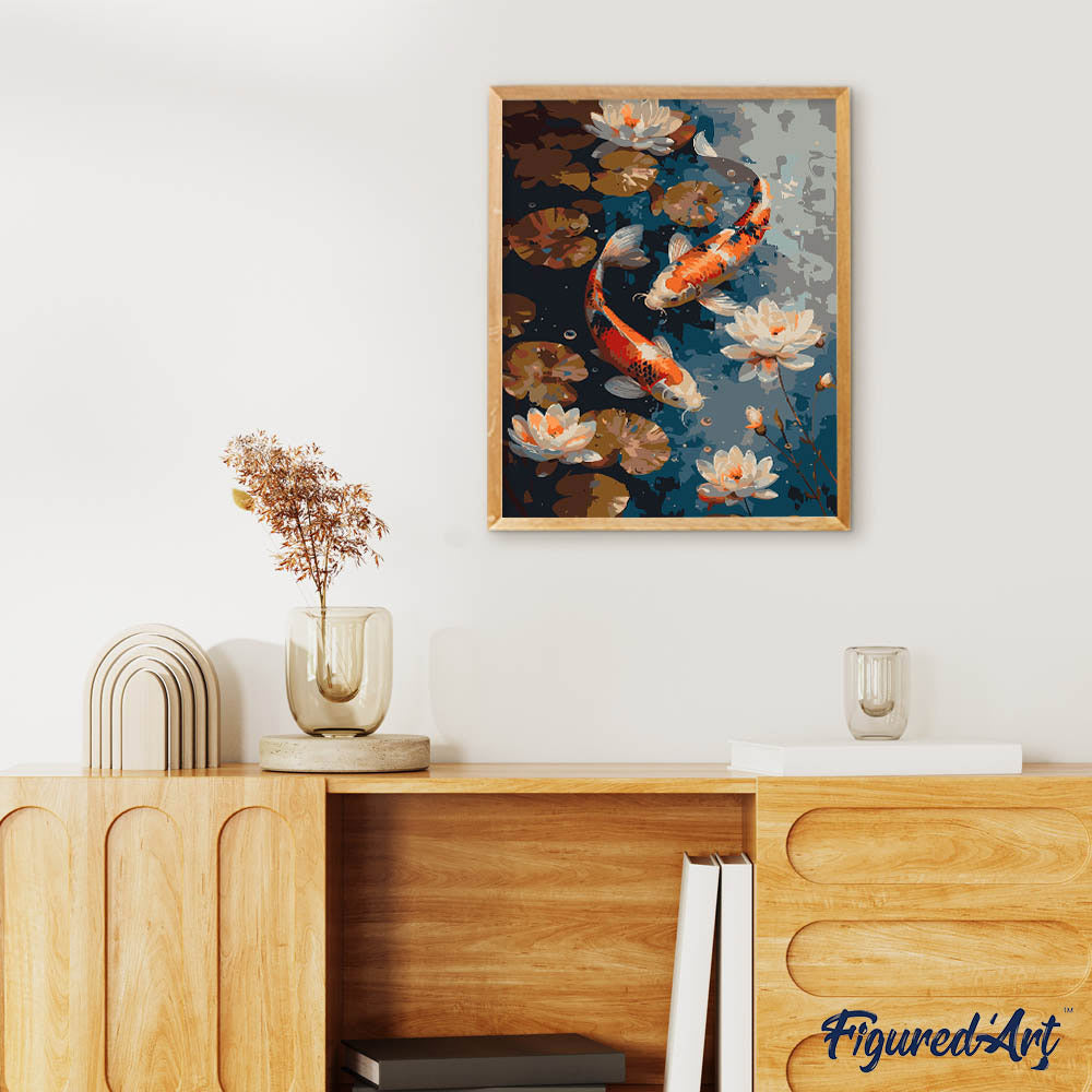Paint by numbers Vintage Koi Carp and Flowers - Rolled canvas