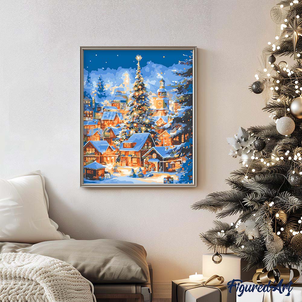 Paint by numbers Sparkling Christmas Village - Framed canvas