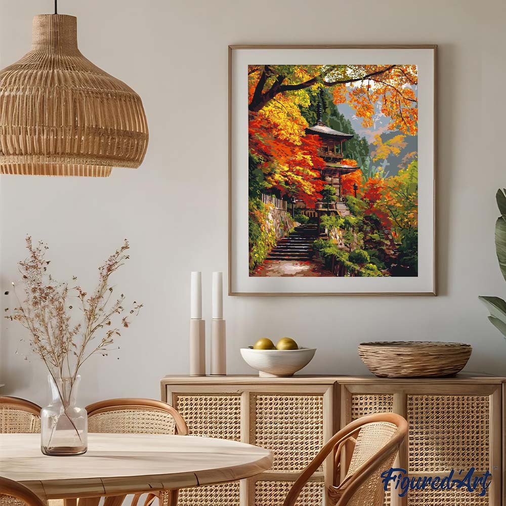 Paint by numbers Japanese Pagoda in Autumn - Framed canvas