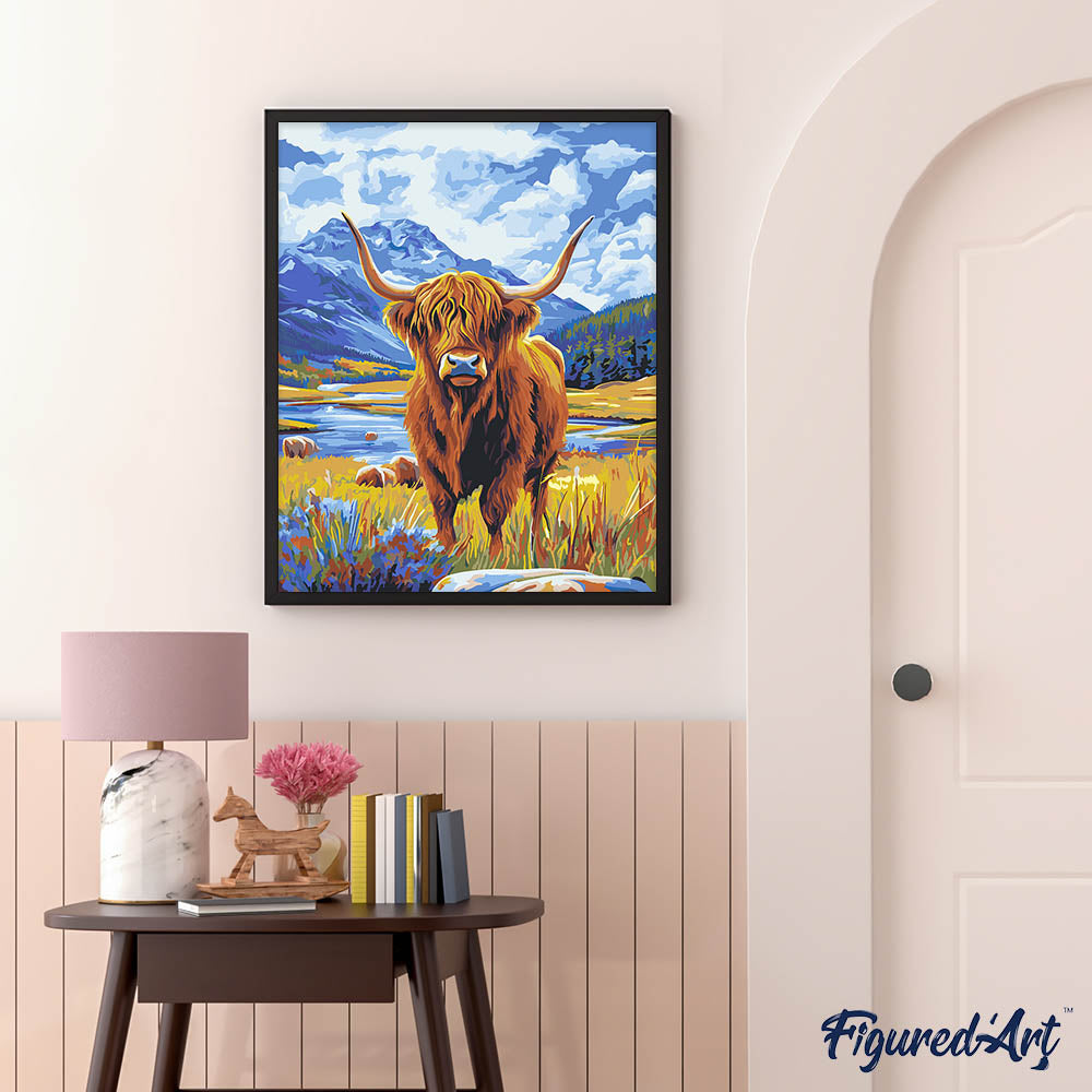 Paint by numbers Highland Cow by the Lake - Framed canvas