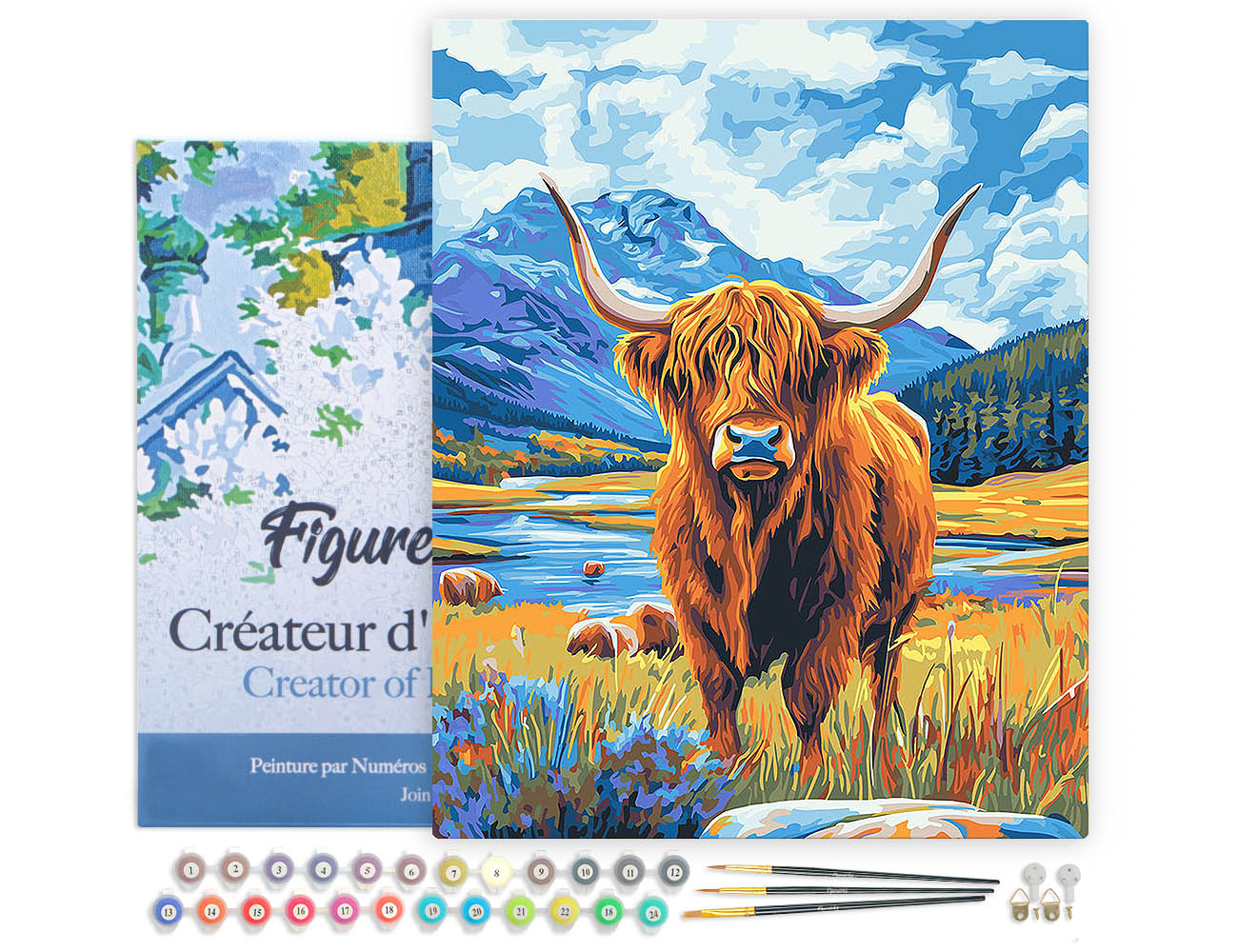 Paint by numbers Highland Cow by the Lake - Framed canvas
