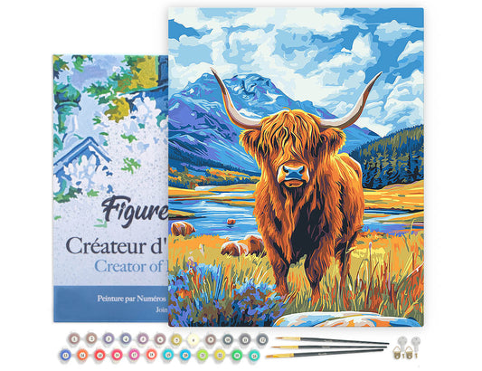 Paint by numbers Highland Cow by the Lake - Framed canvas