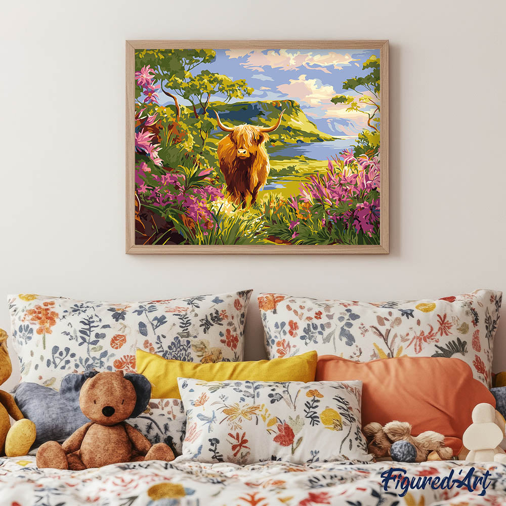 Paint by numbers Highland Cow Spring Valley - Framed canvas