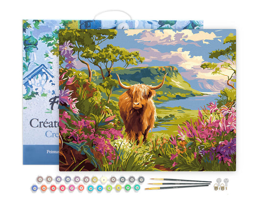 Paint by numbers Highland Cow Spring Valley - Framed canvas