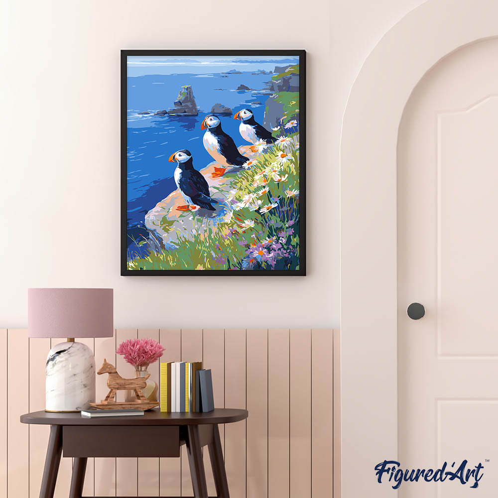 Paint by numbers Puffin by the ocean cliffs - Framed canvas