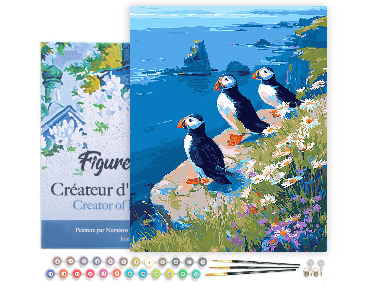 Paint by numbers Puffin by the ocean cliffs - Framed canvas