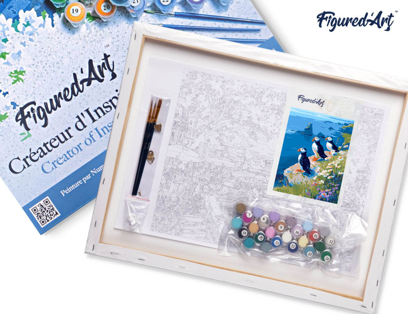 Paint by numbers Puffin by the ocean cliffs - Framed canvas