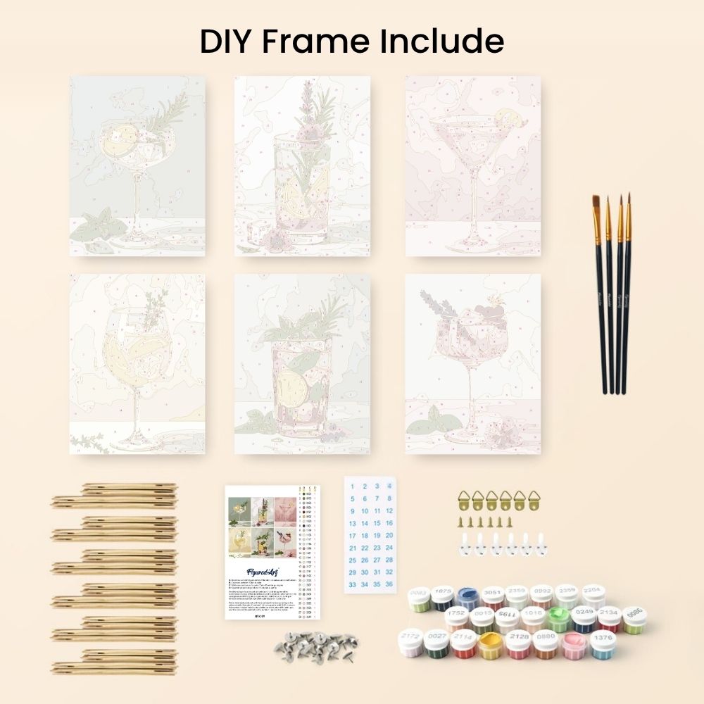 [PRE-ORDER] Mini Paint by Numbers 15x20cm Framed Canvas (6 pieces) - Botanical Drinks