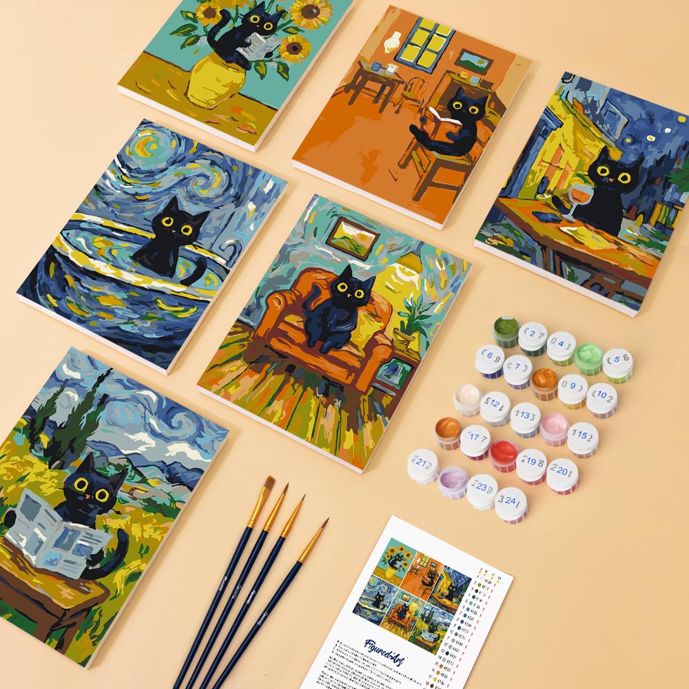 [PRE-ORDER] Mini Paint by Numbers 15x20cm (6 pieces) - Van Gogh Style Cat