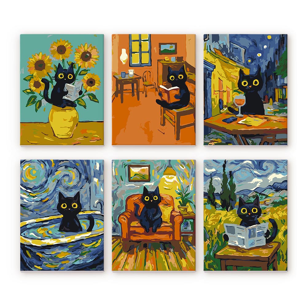 [PRE-ORDER] Mini Serie Paint by Numbers 15x20cm (6 pieces) - Van Gogh Style Cat