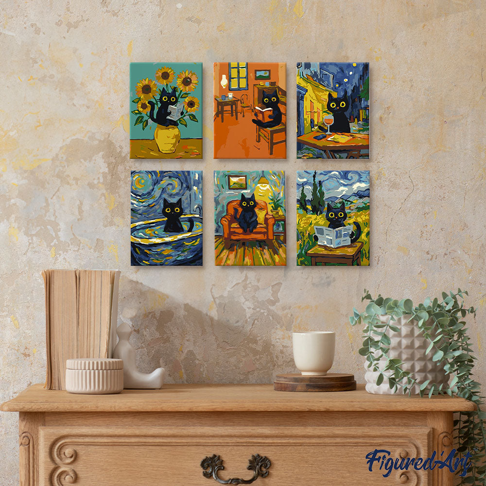 [PRE-ORDER] Mini Serie Paint by Numbers 15x20cm (6 pieces) - Van Gogh Style Cat
