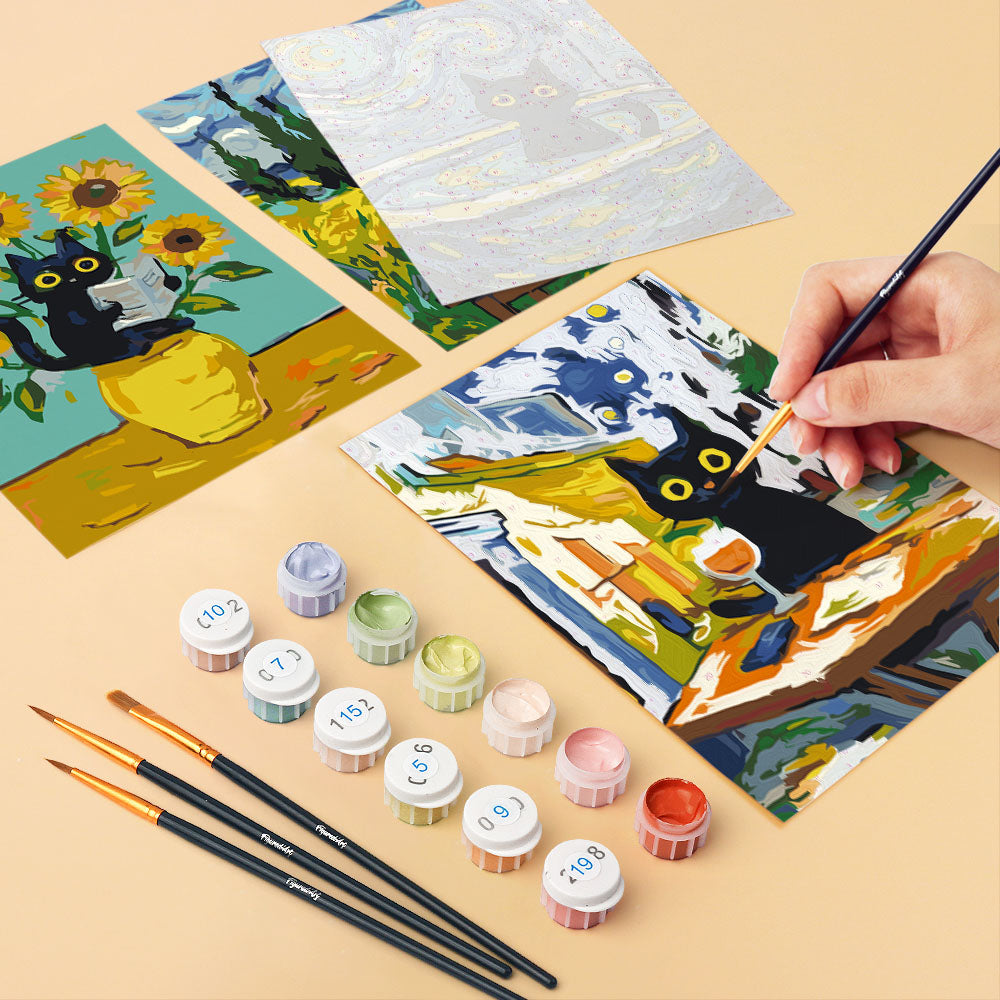[PRE-ORDER] Mini Paint by Numbers 15x20cm Framed Canvas (6 pieces) - Van Gogh Style Cat